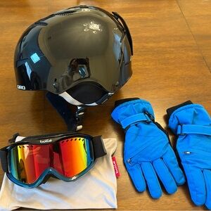 Black Ski or snowboard Helmet and Goggles and Gloves Set
